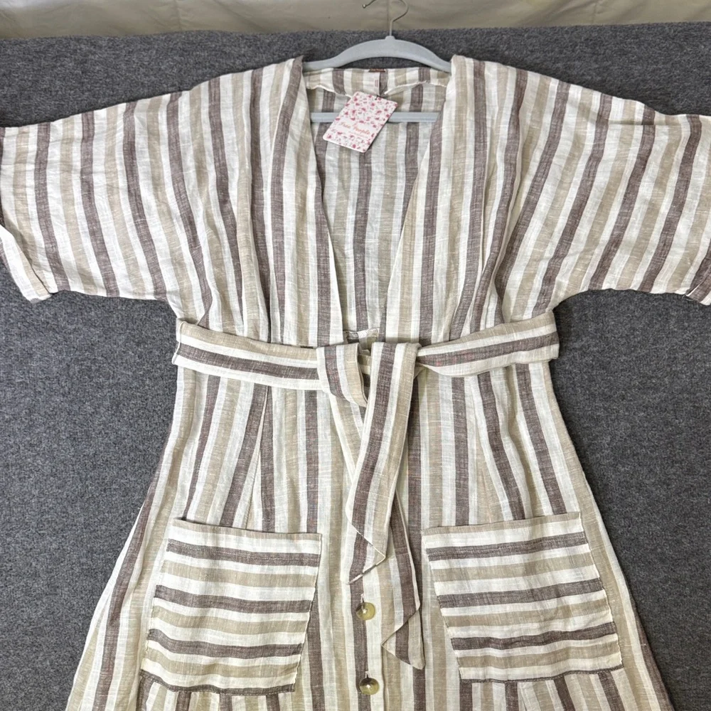 Free People Light Grey Striped Button-Front Midi Dress with Tie Waist – Size S‎